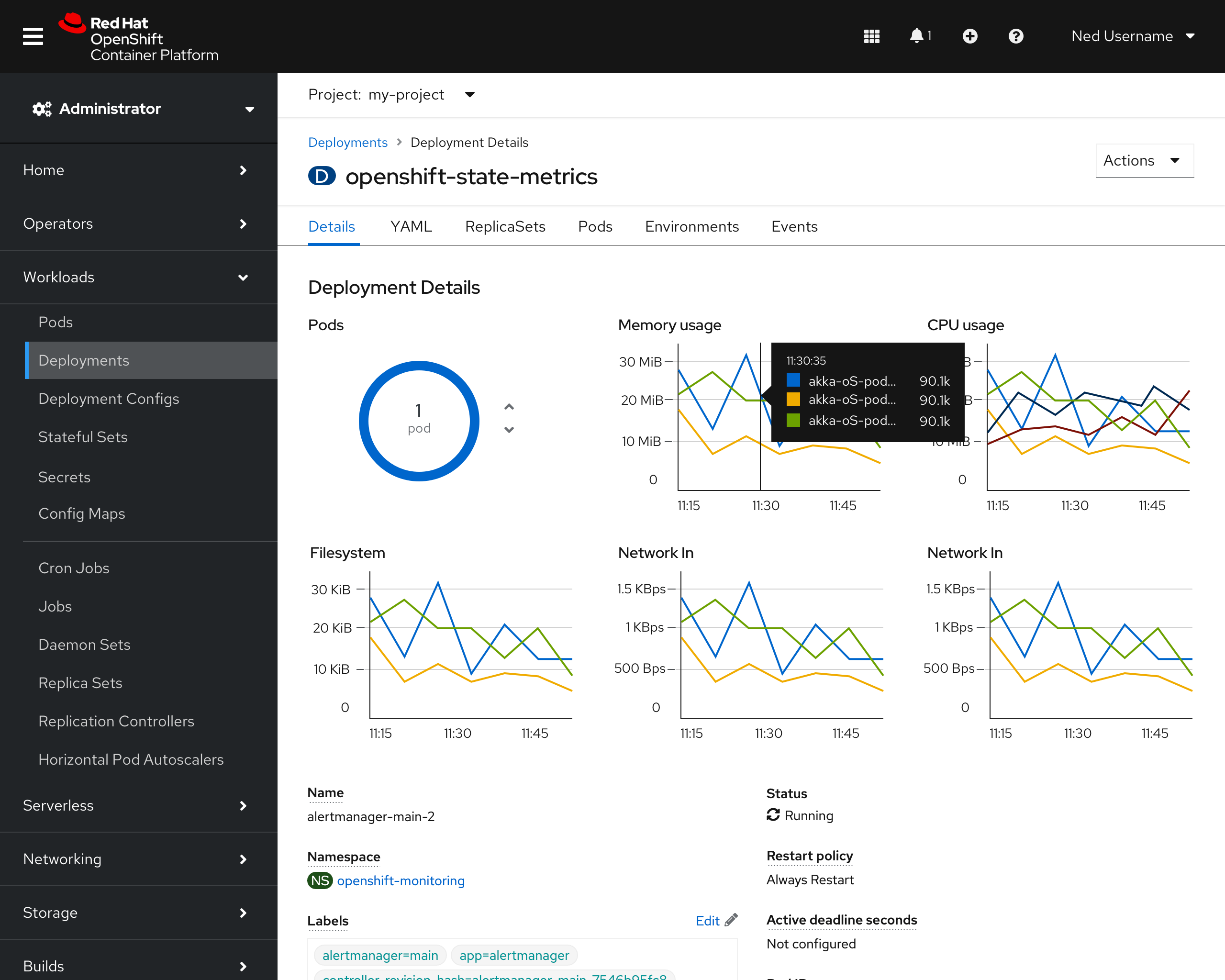 Workloads deployment details charts with legends