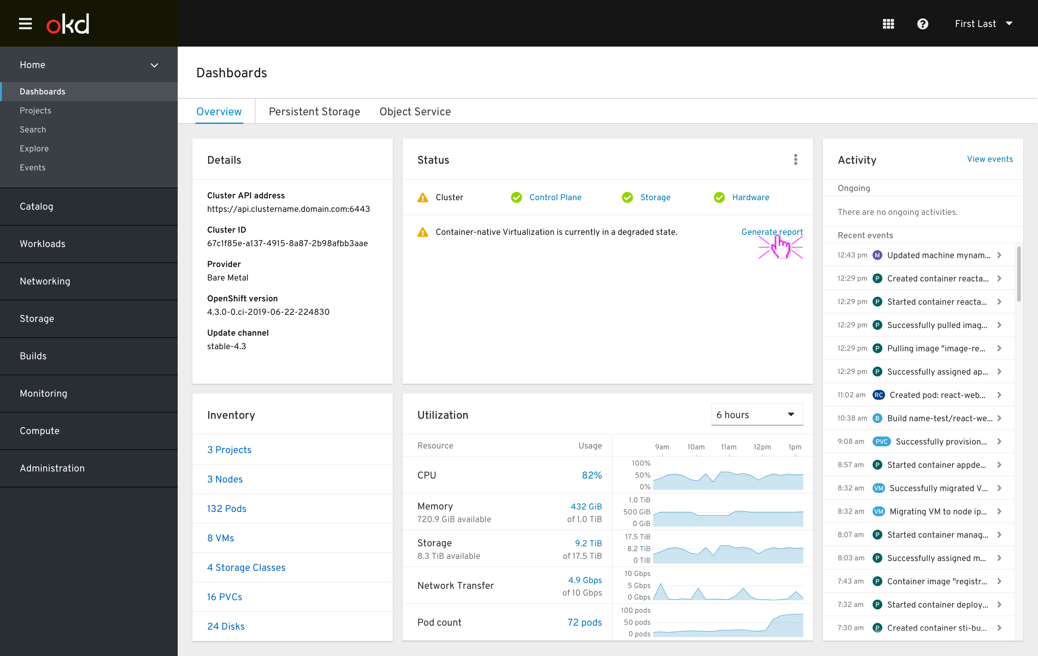 Cluster dashboard status card message click