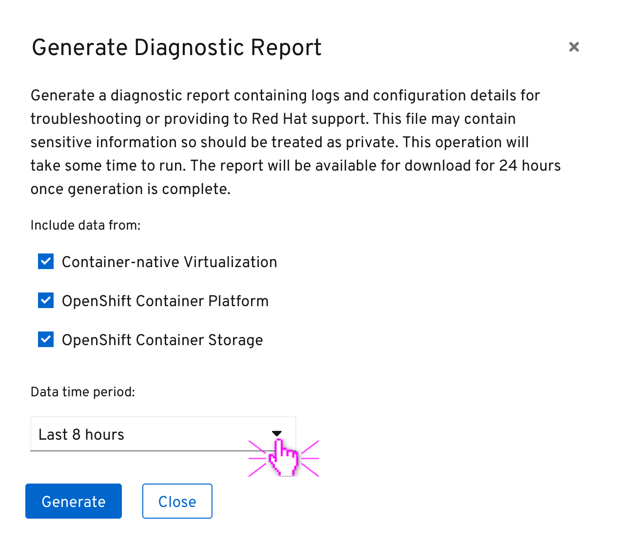 Generate Diagnostic Report dialog select