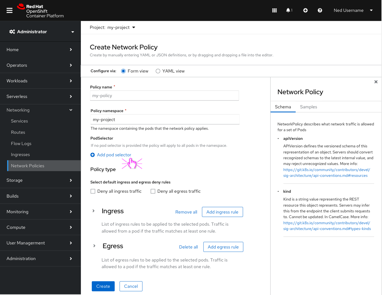 Create a new network policy starting screen