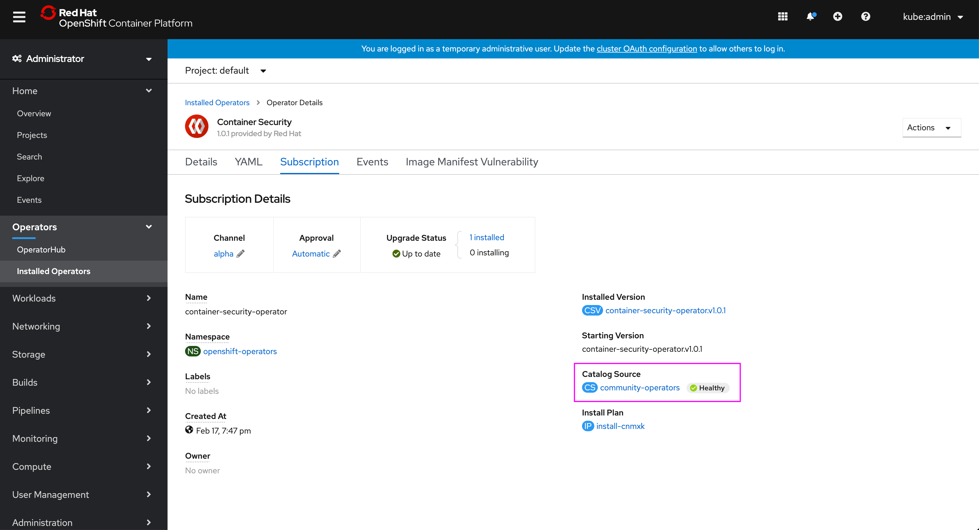 Subscription Status Catalog Source Health OpenShift Design