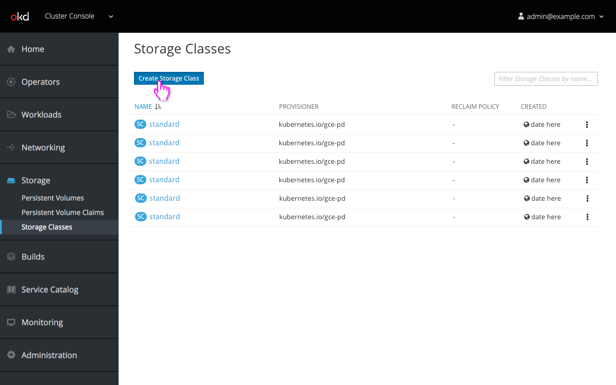 Storage class page with create button