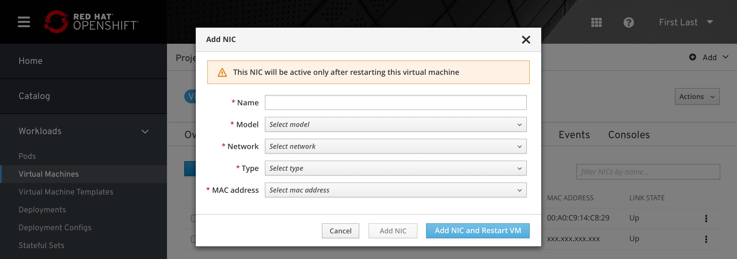 VM - add NIC modal