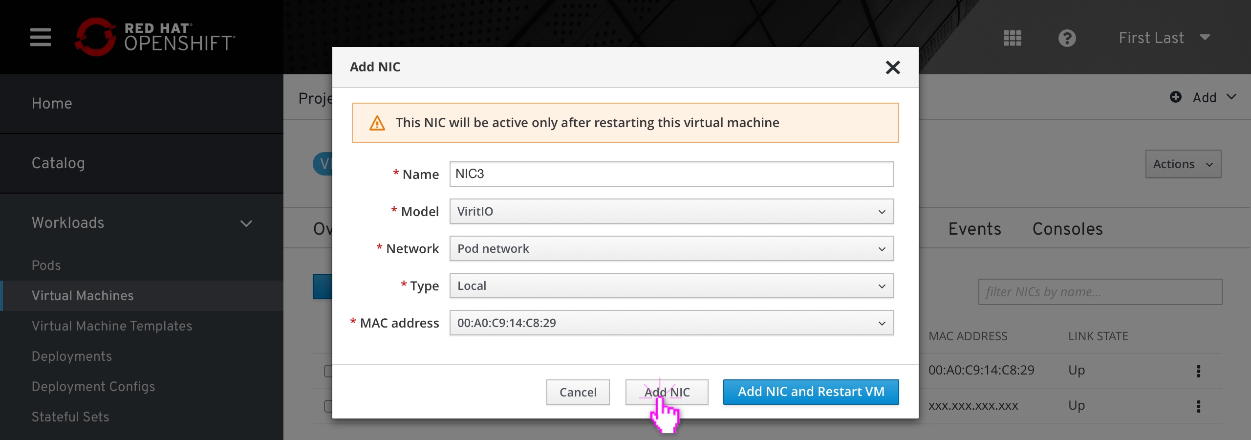 VM - add NIC modal - filled in