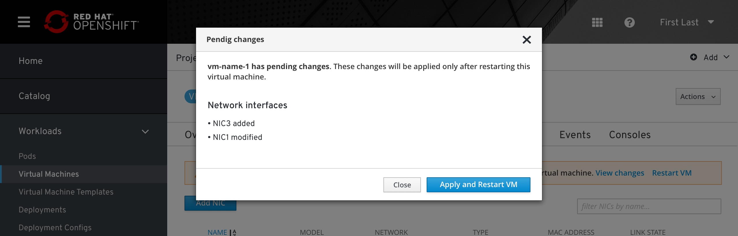 VM - Pending changes notification - view changes modal