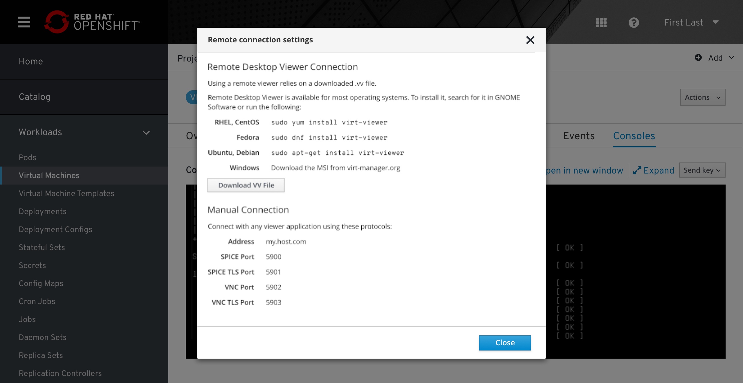 VM - Remote conection settings modal